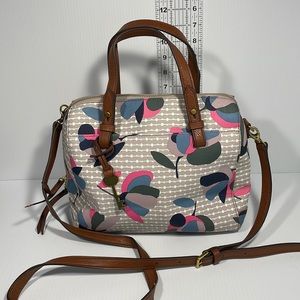 Fossil Floral Grey Pink Brown Tote Hand Bag
